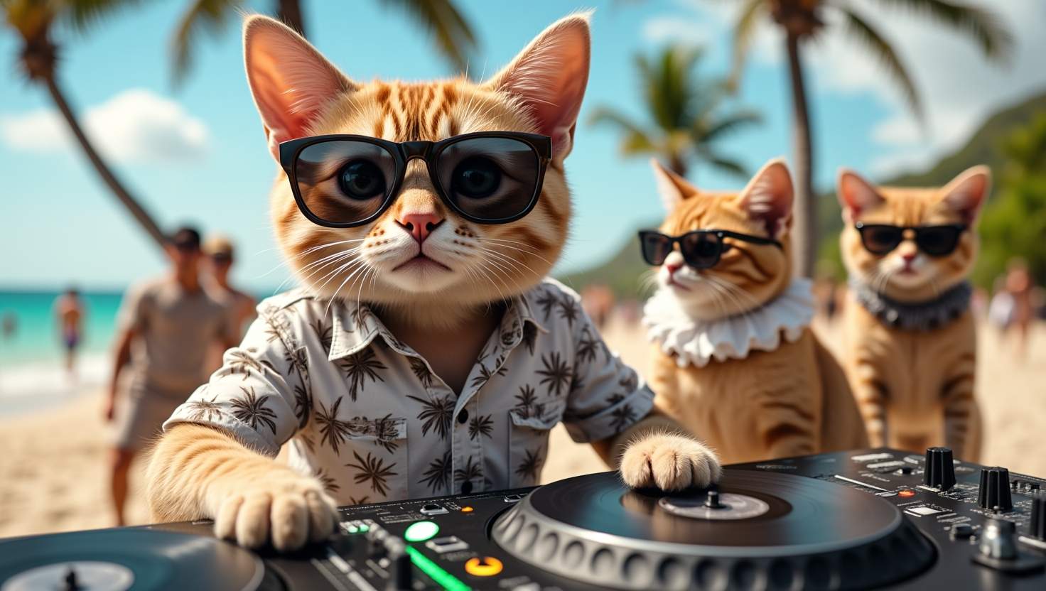 Ein von ChatGPT erstelltes Bild, das 3 Katzen mit Sonnenbrille an einen Strand zeigt. 2 der Katzen sind im Bild seitlich rechts zu sehen, zusätzlich tragen sie Halskrausen. Die dritte Katze ist mittig und zentriert im Bild zu sehen. Sie trägt ein Hemd mit Palmen Muster, vor ihr steht ein DJ-Pult, auf dem 2 ihrer Pfoten liegen, als ob sie es bedienen würde. Im Hintergrund sind zusätzlich noch verschwommen Menschen, Palmen und das Meer zu sehen.